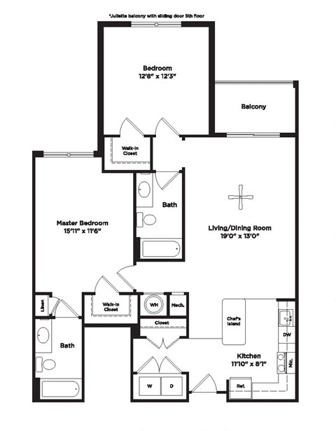 Floor plan for 2 beds, 2 baths, 1079 sqft